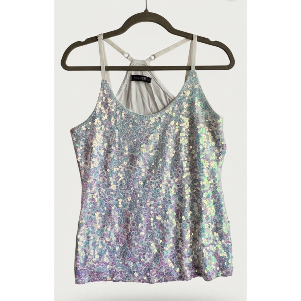 Maner Sequin Sleeveless Strappy Cami Tank Top White Shiny Iridescent Size M